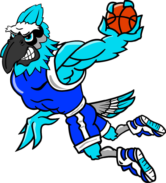 Blue Jay basketball player mascot full color vinyl sports sticker. Customize on line. Blue Jay Basketball